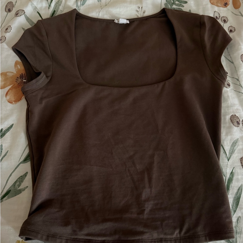 Garage Brown Short Sleeve Square Neck Top